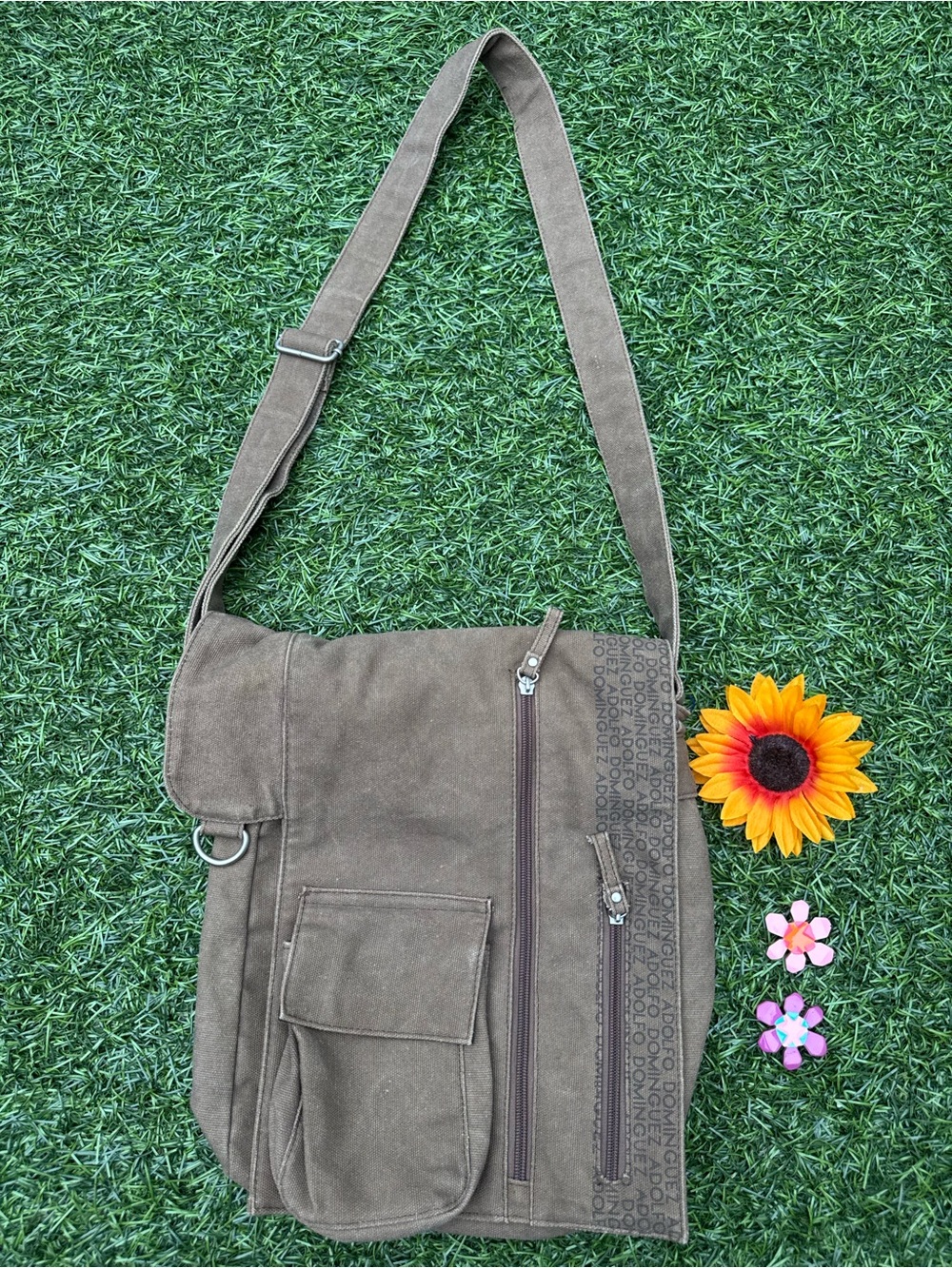 💚Adolfo Dominguez Canvas Messenger Bag Backpack Army Green Laptop